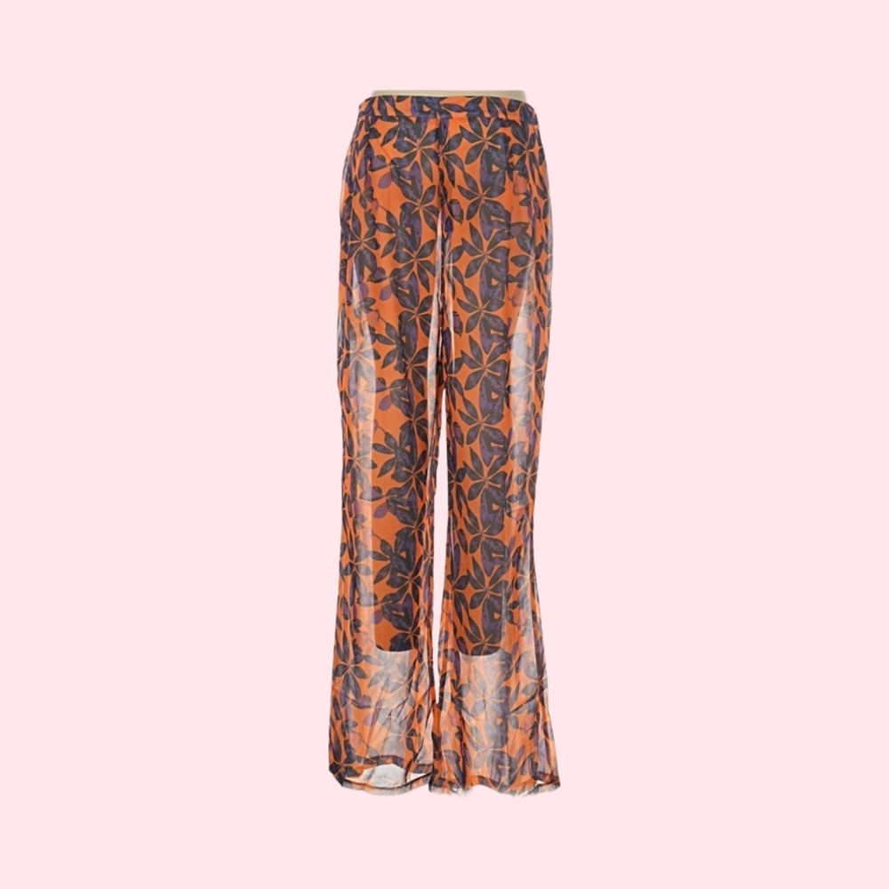 PrettyLittleThing Orange Floral Sheer Wide Leg Pants Beach Cover Up Size 12